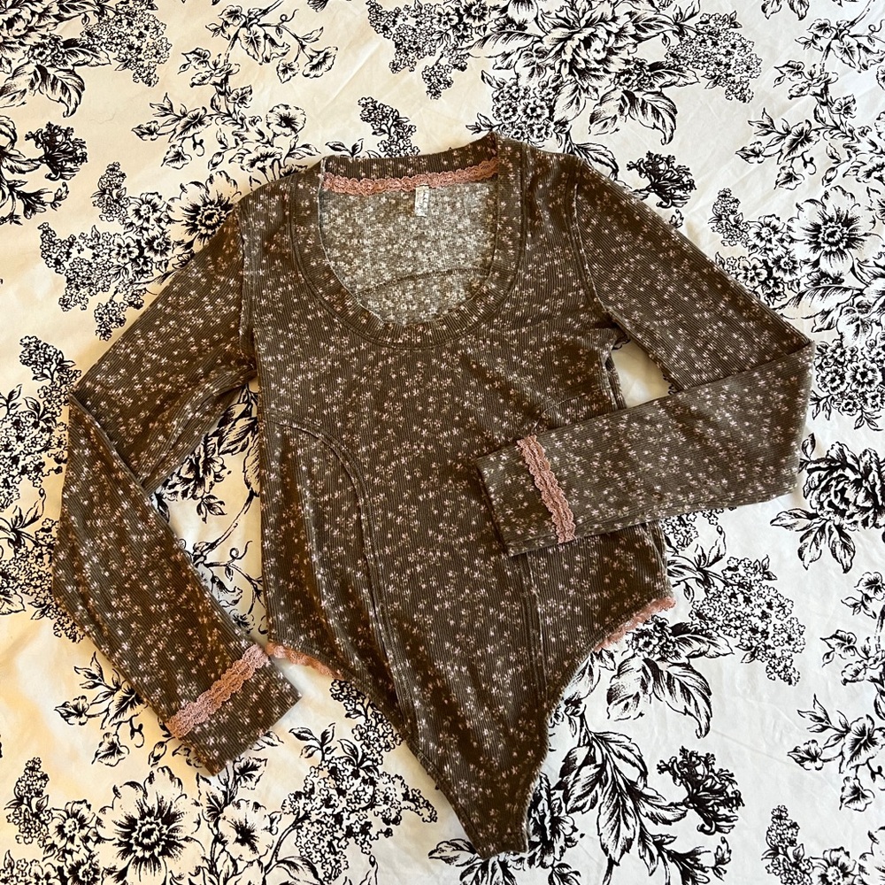 Free People Brown and Pink Floral Bodysuit